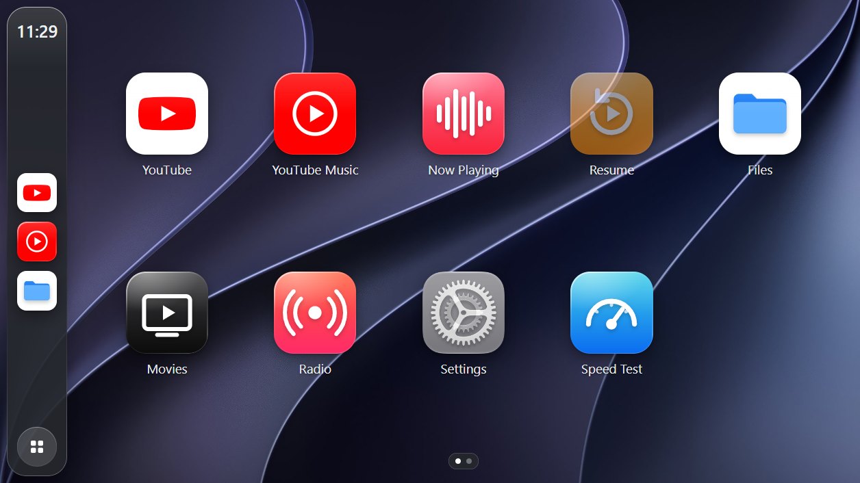 CarPlayer home screen in the car browser: YouTube, YouTube Music, Now Playing, Resume, Files, Movies, Radio, Settings and Speed Test